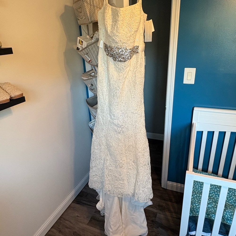 Oleg Cassini White Wedding Dress with Silver Accents